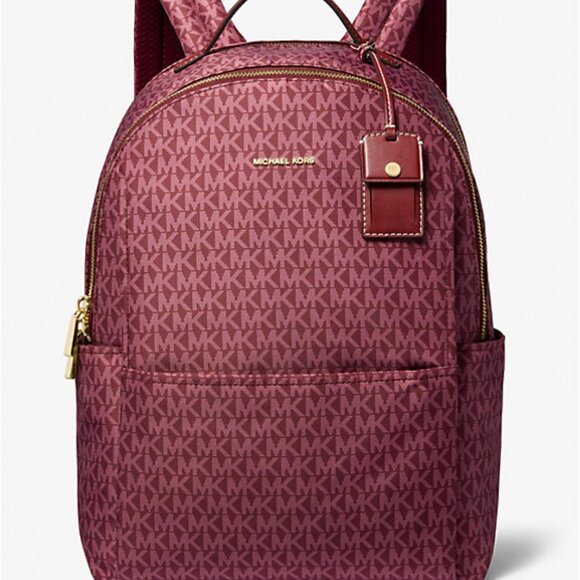 NWT MICHAEL Michael Kors Sable Large Printed Signature Logo Backpack Mulberry - Picture 1 of 5